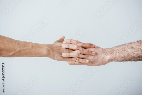 Cropped view of men holding hands isolated on grey