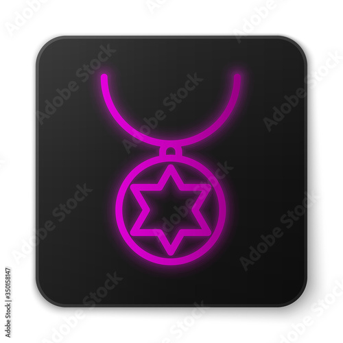 Glowing neon line Star of David necklace on chain icon isolated on white background. Jewish religion. Symbol of Israel. Jewellery and accessory. Black square button. Vector Illustration