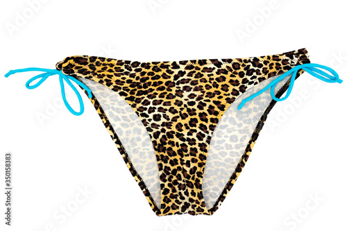 Multi-colored leopard bathing women's panties with ties isolated on a white background.