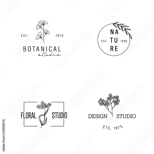 Collection of Hand Drawn Logo with Wildflowers, Leaves, Flowers, Bouquet. Botanical Logo for spa and beauty salon, boutique, organic shop, wedding, floral designer, interior, photography, cosmetic.