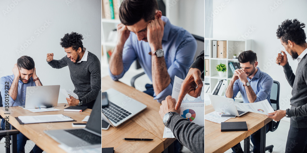 Collage of african american businessman pointing with finger and quarreling at colleague in office Collage of african american businessman pointing with finger and quarreling at colleague in office