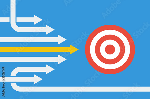 many arrows moving to one goal, teamwork or leadership vector concept