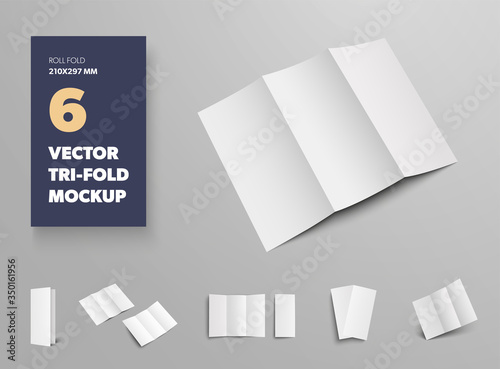 Mockup of vector tri-fold, white open and closed brochures, for design presentation.
