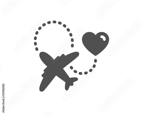 Honeymoon travel icon. Love trip sign. Valentines day flight symbol. Classic flat style. Quality design element. Simple honeymoon travel icon. Vector