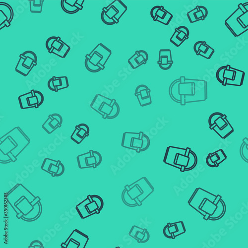 Black line Bucket with rag icon isolated seamless pattern on green background. Cleaning service concept. Vector Illustration