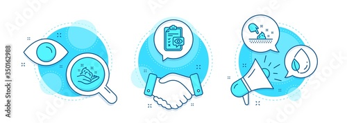 Leaf dew, Skin care and Eye checklist line icons set. Handshake deal, research and promotion complex icons. Skin moisture sign. Water drop, Hand cream, Optometry. Wet cream. Healthcare set. Vector
