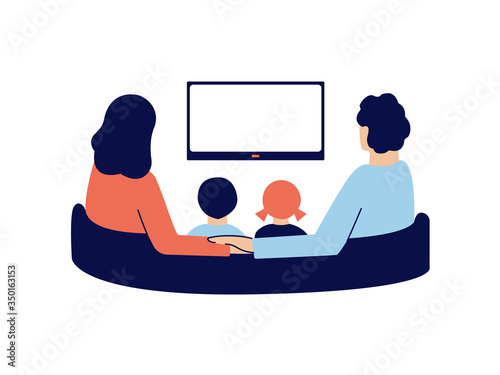 Happy family with small children sitting on sofa and watching TV at home. Wife and husband holding hands. Spend time together. Vector flat isolated illustration. Back view. Empty TV frame for text