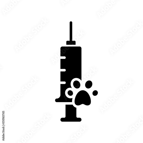 Silhouette pet vaccination icon. Outline animal chipping logo. Black illustration of microchip implantation with syringe, injection. Flat isolated vector on white background. Veterinary clinic emblem