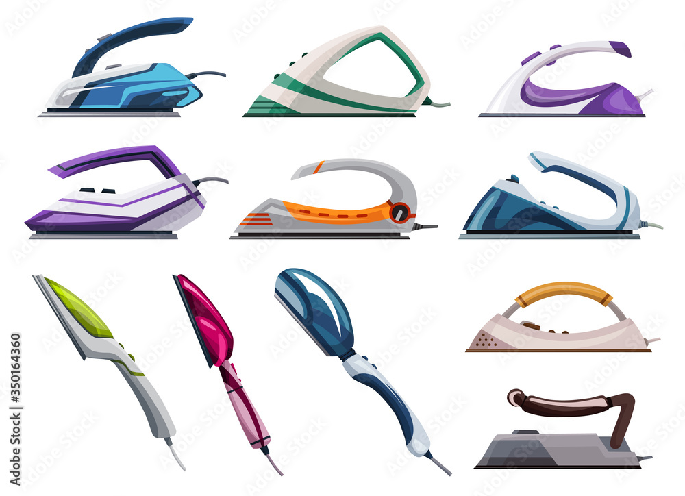 Collection Of Iron Steamers. Smoothing Irons. Vector Iron. Ironing 