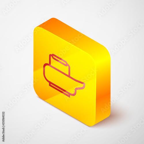 Isometric line Bedpan icon isolated on grey background. Toilet for bedridden patients. Yellow square button. Vector Illustration