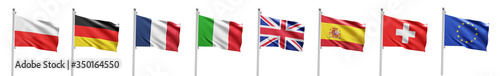 Flags of Poland, Germany, Italy, Spain, Great Britain, France, Europe Union, Switzerland. Isolated on white background polish, german, spanish, italian, british, french waving flags set. 