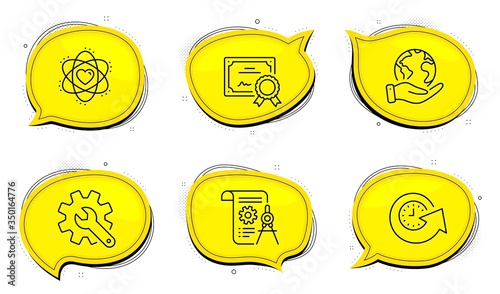 Customisation sign. Diploma certificate, save planet chat bubbles. Divider document, Update time and Atom line icons set. Report file, Refresh watch, Electron. Settings. Technology set. Vector