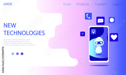 The robot on the screen of the phone with icons and notifications from different applications. Landing page template. Cartoon stock vector illustration.
