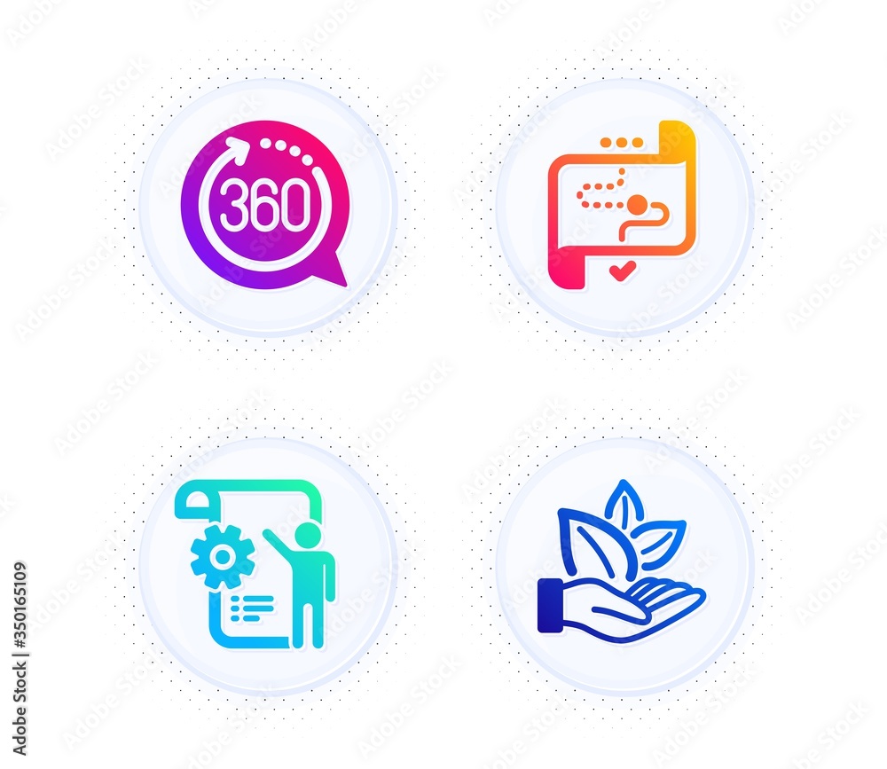 360 degrees, Settings blueprint and Target path icons simple set. Button with halftone dots. Organic product sign. Full rotation, Engineering cogwheel, Business aim. Leaf. Science set. Vector