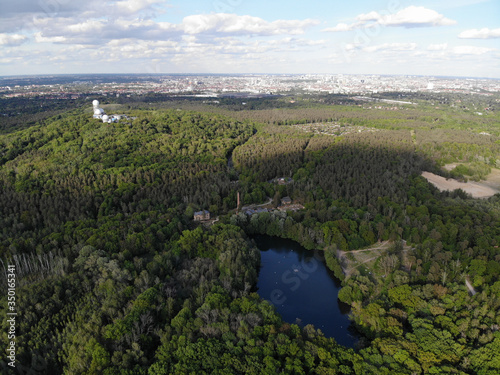 Aerial view of lake Teufelssee a glacial lake in the Grunewald forest in the Berlin borough of Charlottenburg-Wilmersdorf.