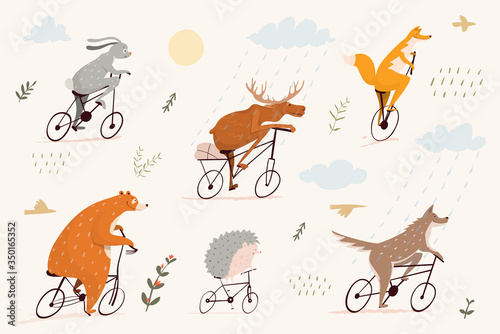 Forest animals riding bicycles in nature with rain, sun and grass, design for children . Bear, wolf, rabbit, moose, hedgehog and fox cycling, wild animals design for kids. Vector flat nursery art.