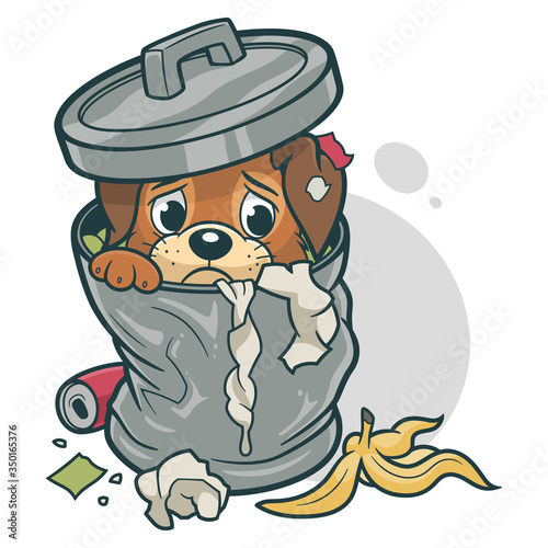 Poor homeless dog in the trash container