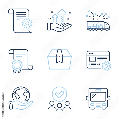 Web settings, Analysis graph and Technical documentation line icons set. Diploma certificate, save planet, group of people. Truck delivery, Bus and Package box signs. Vector