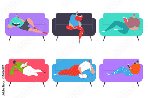People reading book on a sofa vector cartoon characters set isolated on a white background.