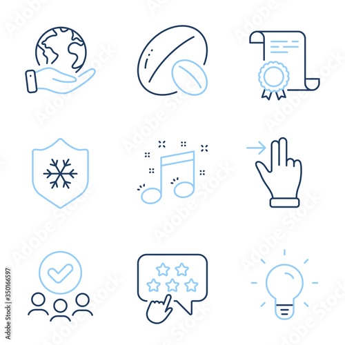 Musical note, Touchscreen gesture and Ranking star line icons set. Diploma certificate, save planet, group of people. Light bulb, Clean skin and Soy nut signs. Music, Slide right, Click rank. Vector