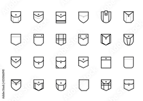 Patch Pocket Style Vector Line Icon Set. Uniform clothes pockets patches with seam, patched denim pocket line.  photo