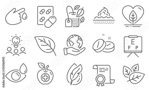 Set of Healthcare icons, such as Mint bag, Medical food. Diploma, ideas, save planet. Capsule pill, Local grown, Hypoallergenic tested. Leaf, Eye drops, Blood donation. Vector