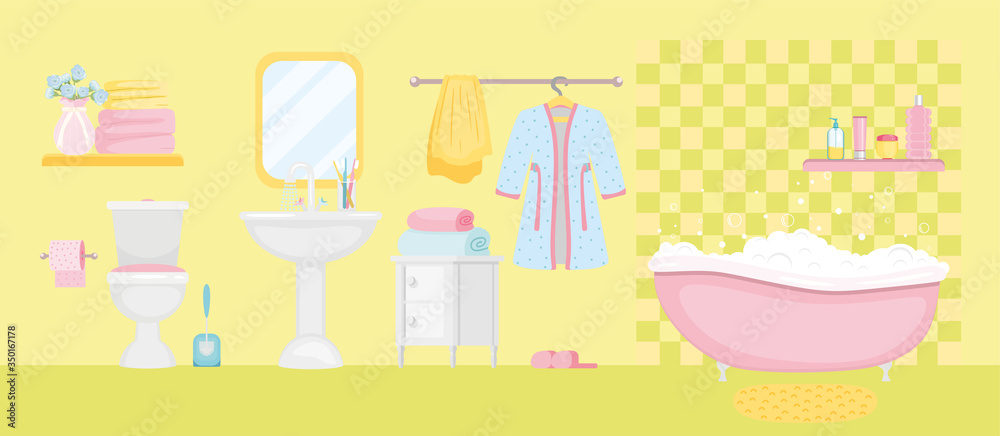Bathroom with toilet sink bath and accessories in a modern style. Flat vector illustration. 
