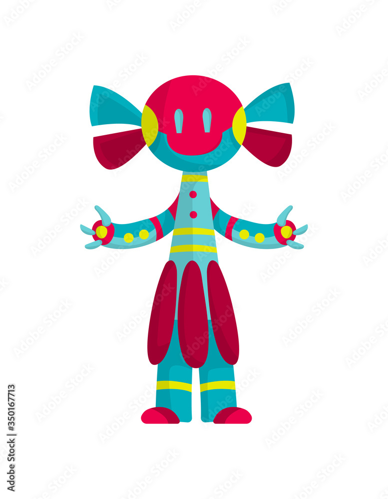 Funny cartoon robot. Cute retro robot. Robotic for children. Friendly android robot character with arms. Toy character future artificial robotics machine cyborg vector illustration Funny cartoon robot. Cute retro robot. Robotic for children. Friendly android robot character with arms. Toy character future artificial robotics machine cyborg vector illustration