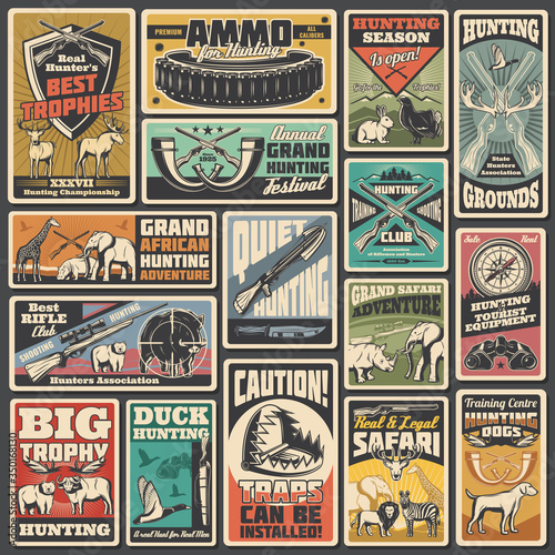 Hunting ammunition and weapon, retro vector posters. Wild animals and wildfowl hunt club open season. Hunter trap warning sign, african safari adventure, hunt ammo, equipment, rifles and trophy