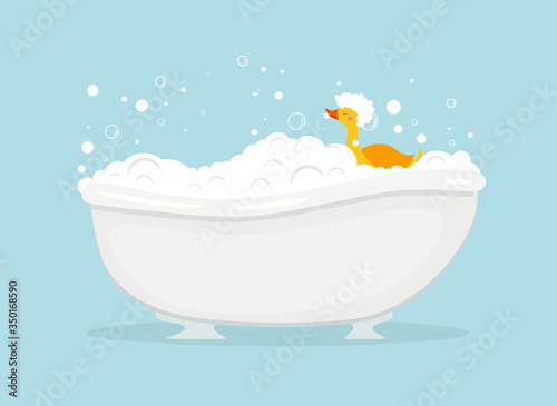 Bath with foam and toy duck, bubble water foam. Bath time vector illustration with soap foam and yellow  duck