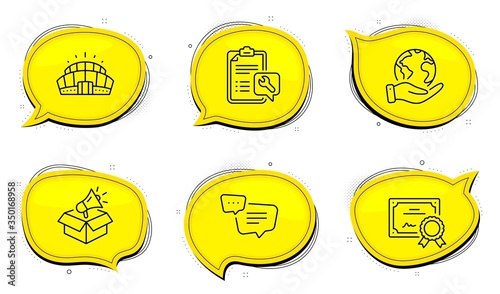 Spanner sign. Diploma certificate, save planet chat bubbles. Megaphone box, Text message and Arena stadium line icons set. Brand marketing, Chat bubble, Competition building. Repair service. Vector