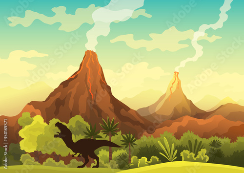 Prehistoric landscape - volcano with smoke, mountains, dinosaurs and green vegetation. Vector illustration of beautiful prehistoric landscape and dinosaurs photo