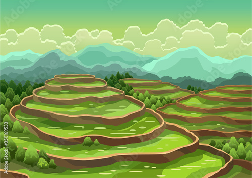 Landscape of rice field terraces. Asian rural background. Agriculture harvesting cereals or tea