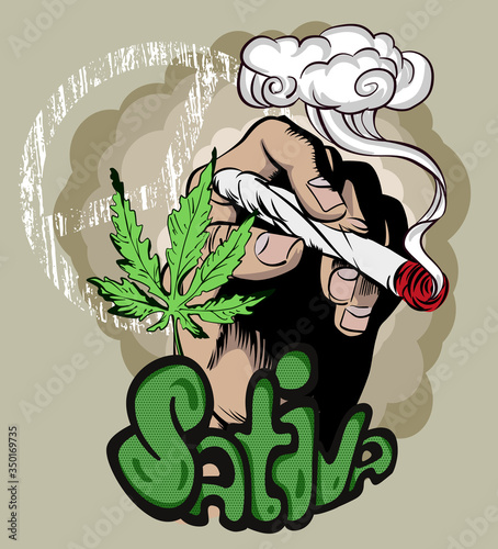 Hand holding cannabis leaf. Lettering "Sativa" and old hippy symbol. Vector design template about cannabis	
