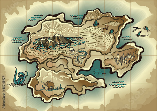 Cartoon island map template for next level game - adventures, treasure hunt. Pirate map with octopus, scorpion, sharks, snake, scull. Hand drawn vector illustration, vintage background
