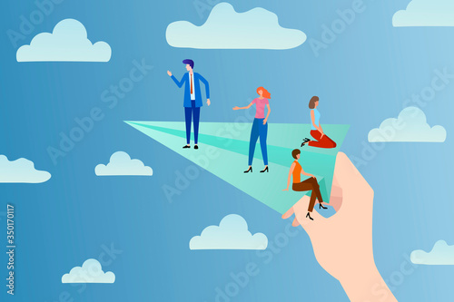  Big hand launches a paper plane with people. The concept of starting a new project .Flat vector illustration.