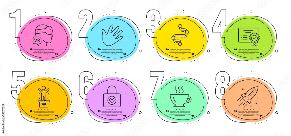 Certificate, Winner podium and Password encryption signs. Timeline steps infographic. Hand, Timeline and Coffee line icons set. Startup rocket, Augmented reality symbols. Swipe, Journey path. Vector Certificate, Winner podium and Password encryption signs. Timeline steps infographic. Hand, Timeline and Coffee line icons set. Startup rocket, Augmented reality symbols. Swipe, Journey path. Vector