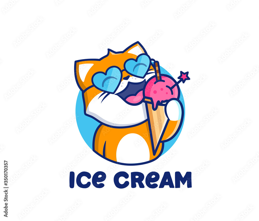 The logo head cat with text ice cream. Food logotype, cute animal