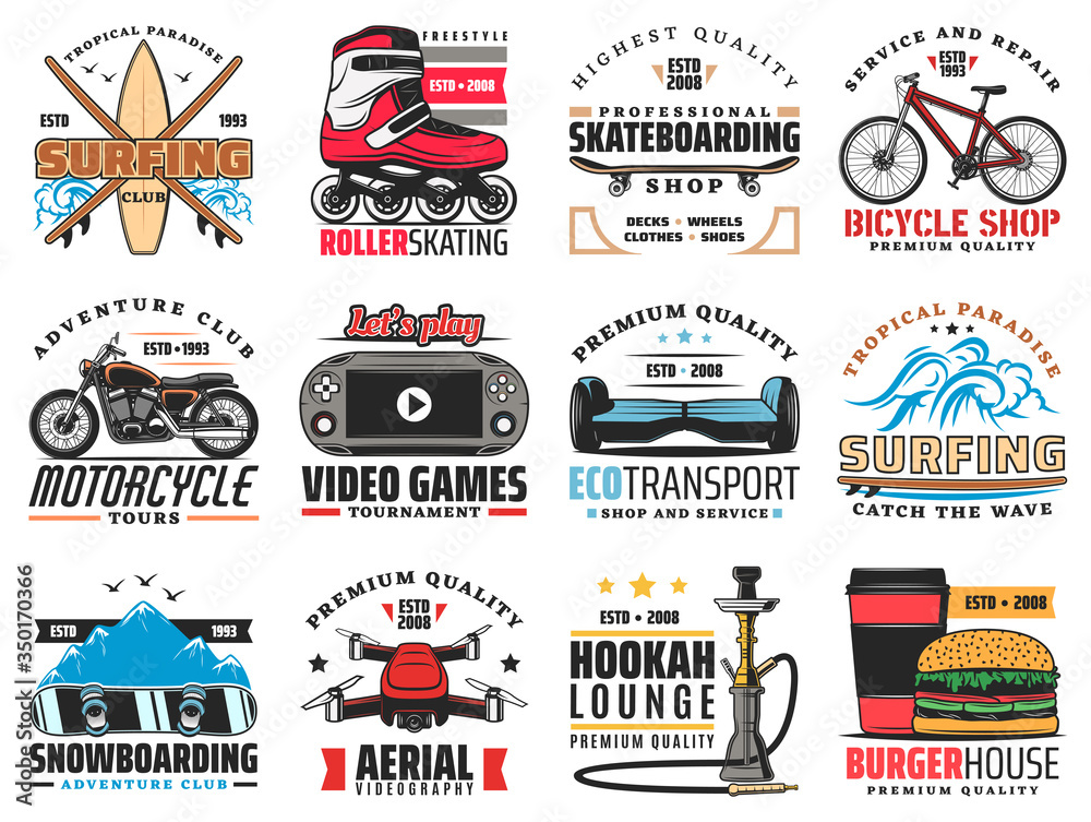 Active recreation and sports activity isolated vector icons. Symbols and icons of surfing club, rollerskating, sport and bicycle shop. Signs for video game tournament and aerial videography