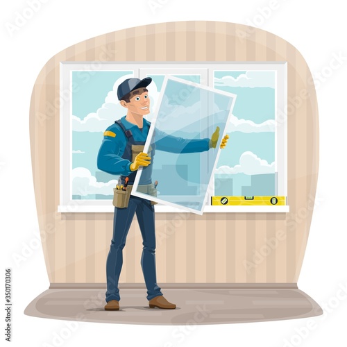 Plastic windows install and repair service. Installer worker in uniform with tools holding a new glass frame. Master installing and fixing windows in apartment. Building construction industry