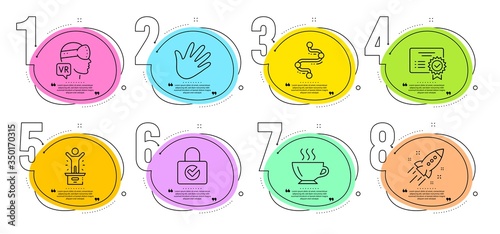 Certificate, Winner podium and Password encryption signs. Timeline steps infographic. Hand, Timeline and Coffee line icons set. Startup rocket, Augmented reality symbols. Swipe, Journey path. Vector