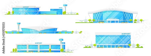 Airport buildings with glass facade vector isolated icons. Airplane runway, control tower, hotel and passenger terminal infrastructure, airport with public transport bus and taxi cars