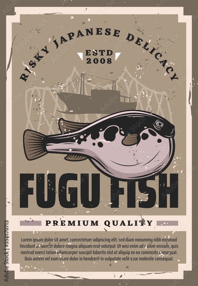 Fugu fish Japanese cuisine delicacy retro poster. Vector