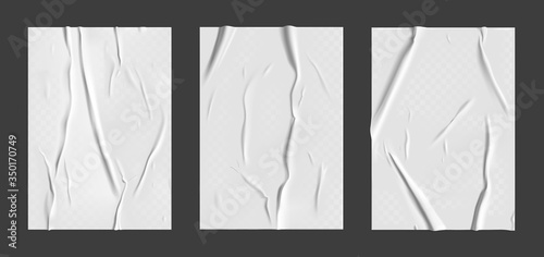 Glued paper set with wet transparent wrinkled effect on gray background. White wet paper poster template set with crumpled texture. Realistic vector posters mockup