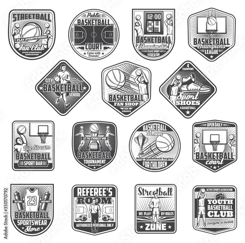 Basketball sport vector icons with players and balls, winner trophy cups, basket, hoop and scoreboard. Uniform and sportswear shop. Monochrome basketball club or team heraldic isolated icons set