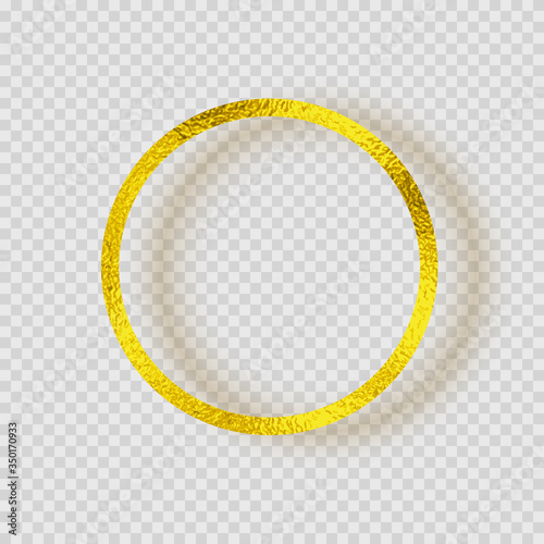 Gold foil smudge frame. Sparkle glitter texture decor isolated on transparent background. Vector circle golden metal border pattern