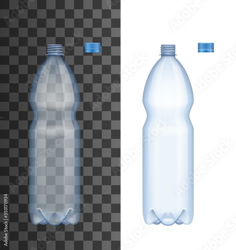 Realistic plastic water bottle with open cap, isolated 3d vector mockup. Empty package container with lid for water drink, aqua, soda drink or another liquid product and beverage