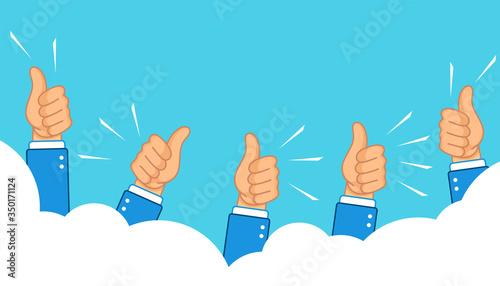 Feedback. Group of business people raising their arms up and showing thumbs up. Vector.