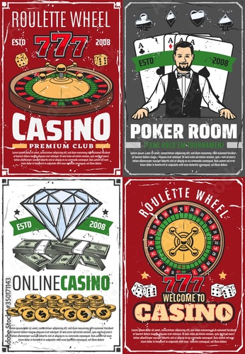 Casino fortune roulette and croupier retro posters. Vector poker room, gambling game vintage grunge cards, online royal casino, wheel of lucky and 777 jackpot, golden coins and bills, premium club