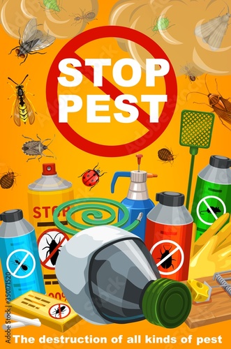 Pest control, disinsection service. Vector insects extermination equipment. Bugs and cockroach, ant and fly, chemical insecticide and pesticide sprayers, mosquito and termite, tick, aphid, mouse trap